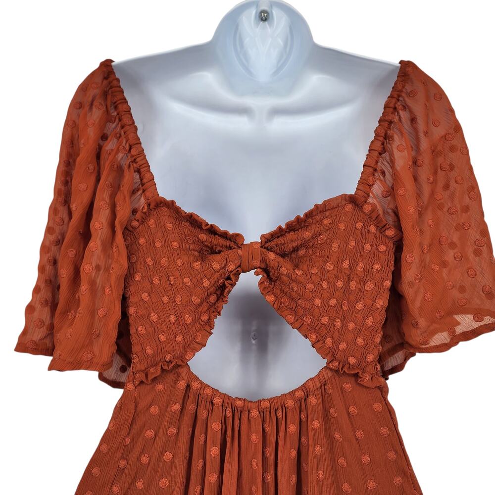 Anthropologie Ruched Ruffle Orange Swiss Dot Cutout Button Maxi Dress Size XS - Picture 3 of 8
